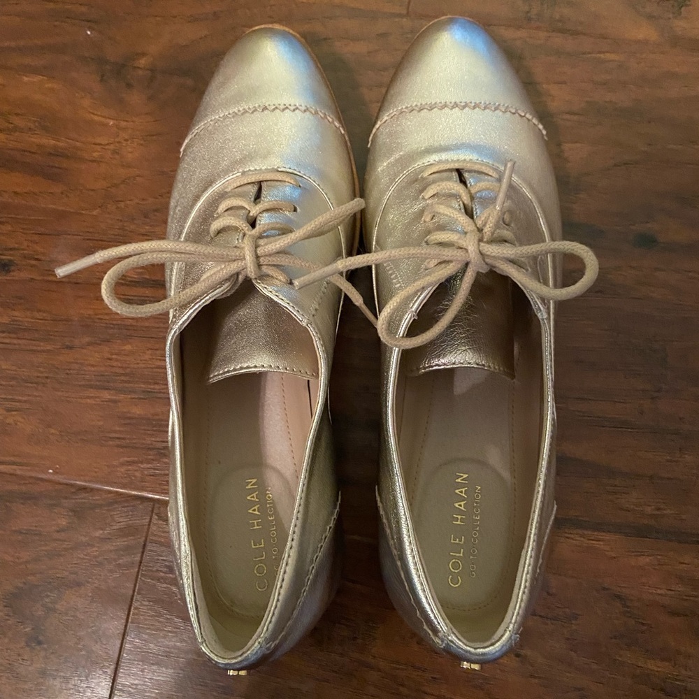 NWT and box.  Cole Haan Gold Leather Captoe Oxfords. Women’s size 7
